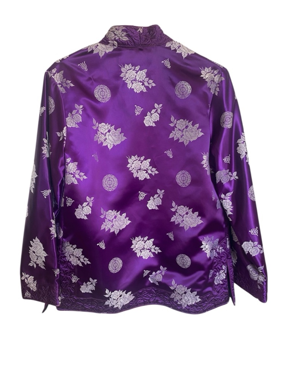 Vintage Chinese Purple Satin Brocade Jacket, Reversible/Floral Embroidery S/M